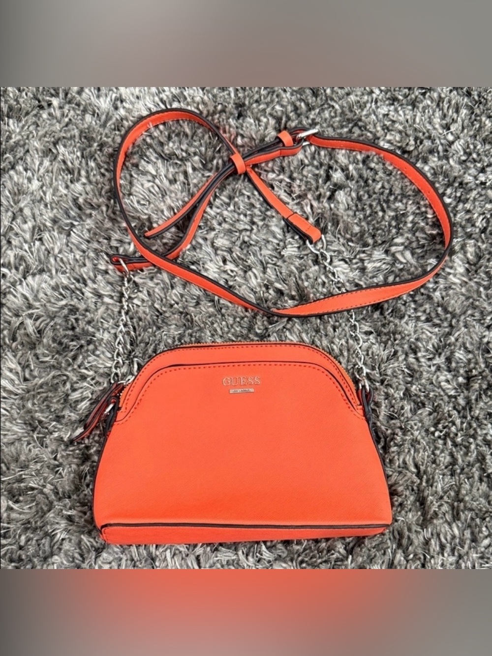 GUESS Orange Leather Crossbody with Chain-Accent Strap
